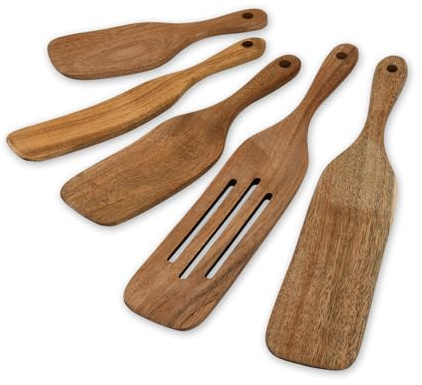 ds. distinctive style Wooden Spurtle Kit 5 Pieces Teak Wood Spoons Kitchen Tools for Nonstick Cookware, Salad Strainer and Making Cake