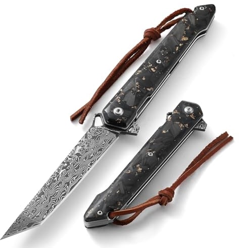 Omesio Damast Taschenmesser Tanto, Einhandmesser Hochwertiger Kohlefaser mit Liner Lock Damast Klappmesser Japanischer Stil - Stabiler Vg10 Griff Outdoor-Camping-Helfer (Schwarz)