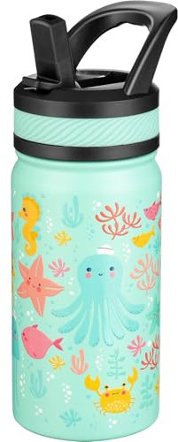 Fanhaw 420 ml Kids Insulated Water Bottle with Straw - Stainless Steel Double Wall Vacuum Cup, Leakproof, BPA Free, Suitable for Boys and Girls(Green - Octopus)