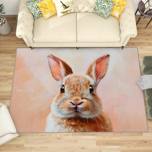 Teppich Hasenmotiv - Teppich Wohnzimmer Schlafzimmer Hasen, Kleiner Teppich Süße Hase, Weich Kurzflor & Waschbar & rutschfest Fussmatte Innen, Kinderteppich 40x60 cm