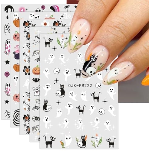 JMEOWIO 9 Sheets Halloween Nail Art Stickers Decals Self-Adhesive Cute Cat Ghost Nail Supplies Nail Art Design Decoration Accessories