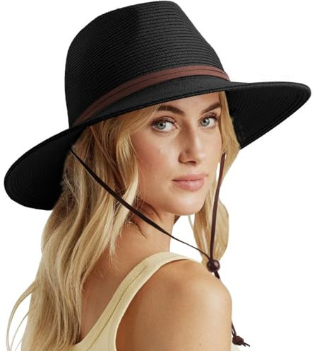 DRESHOW Damen Panama Hut Sommer Breiter Krempe Stroh Fedora Sommerhut Strandhut UV Sonnenhut mit Kinnriemen Verstellbare Strohhut UPF 50 +