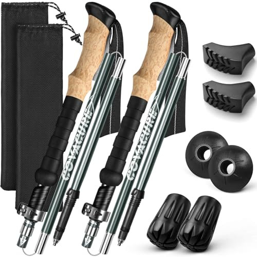 COVACURE 2025 New Upgrade Walking Poles, 2pcs Collapsible Ultralight Aluminum Folding Walking Sticks with EVA Cork Handle for Seniors Women Men (110-130cm)