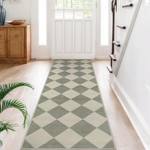 Beeiva Karierter Flurläufer, rutschfest, ultradünn, waschbar, Küchenläufer, 5 x 15 cm, marokkanisches neutrales Grün, weicher Druck, Bodenteppich für Schlafzimmer, Waschküche, Eingangsbereich (Grün