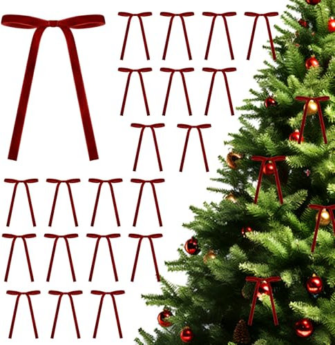 RYMAUP 24 lazos de terciopelo de Navidad para manualidades, lazos de regalo para árbol de Navidad, lazos de cinta de terciopelo vintage para decoración del hogar, bodas, exteriores e interiores