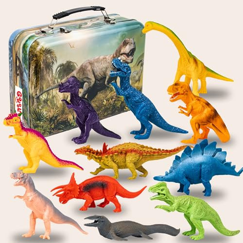 Gondola Dinosaurier Spielzeug Set für Kinder 3-5, 5-7, 8+ Jahre Alt - 12 Stück Dinosaurier Figuren, Dino Spiel Set mit T-Rex & Brachiosaurus - Geschenk für Junge & Mädchen mit Metall-Aufbewahrungsbox