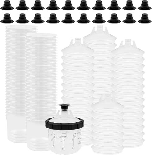 Disposable Paint Spray Mixing Cups for Automotive Paint Gun, HVLP Paint Spray Gun Cups 6oz/200ml Kit with 50 Cup Liners, 50 Lids with 125 Micron Strainer, 20 Plugs and 1 Hard Cup with Retainer Ring