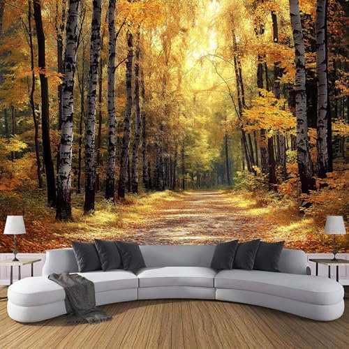 MIATCENRT Papier Peint Panoramique Soie Sur Mesure, 3D Motif Automne Forêt Papier Orange Feuille D'Arbre Muraux Tapisserie Photo Décoration, 450X315Cm (L×H) Chambre Adulte Enfant Poster Geant Mural