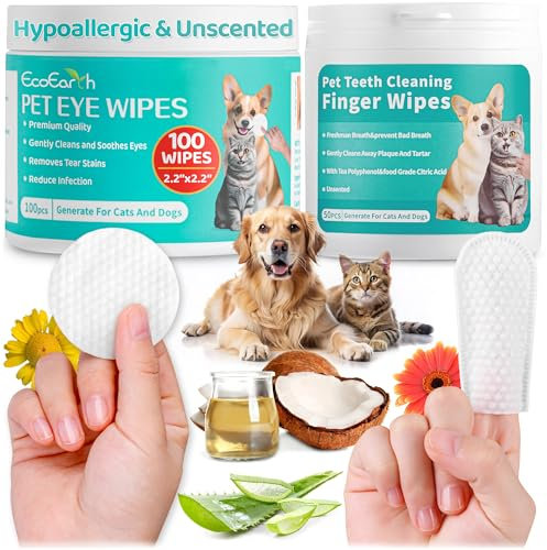 EcoEarth Premium 100 Pcs Eye Wipes & 50 Pcs Teeth Cleaning Wipes for Dogs & Cats - Pet Eyes Cleaning & Dental Care Finger Pads - Pre-Soaked & Disposable Wipes for Tear Stains, Plaque & Tartar Removal