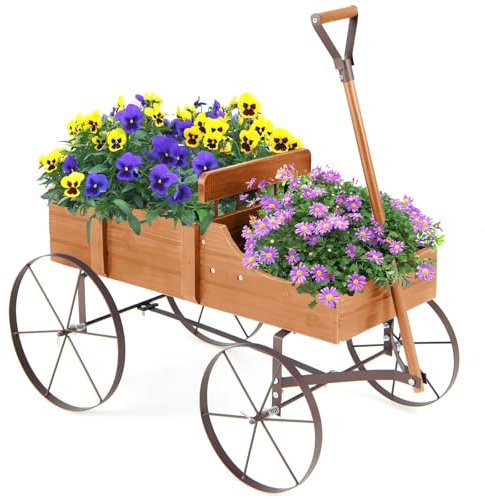 COSTWAY Brouette Décorative en Bois avec 2 Compartiments à Planter, Jardinière avec Roues Métalliques et Poignée à l'avant Charge 15kg pour Cour Jardin Véranda (Orange)