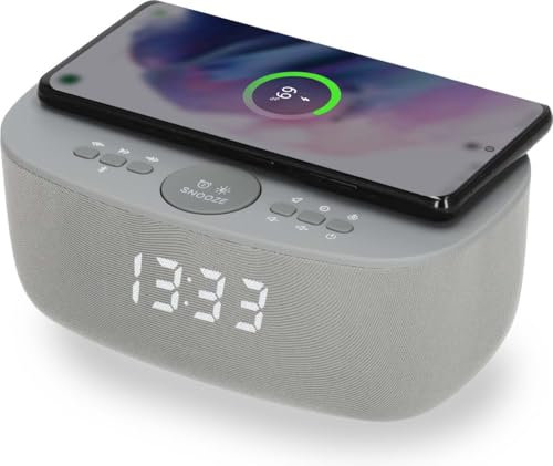 AIC Stylischer Radiowecker mit Bluetooth®, kabelloser Qi-Ladefunktion, Dual Alarm, sattem 6-Watt-Stereoklang, USB-Anschluss und 5 Stufen Dimmer. (Grau)