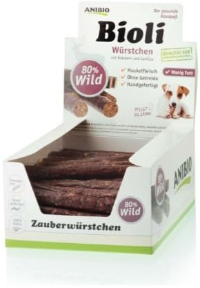 Anibio Bioli 60 Stück Wild | Würstchen für Hunde | Leckerlie | Muskelfleisch | Ohne Weizen | Ohne Farb- und Geschmacksstoffe | gut geeignet für den allergischen Hund