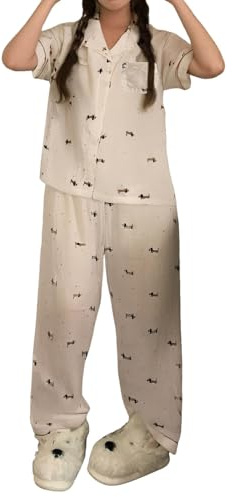 Generisch Pyjamahose Kariert Damen mit Kaktus-Motiv, kurzärmlig, mit Knopfleiste und Langer Hose Nicki Pyjama (White, M)