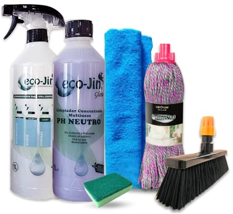 Eco-Jin Pack GLOW | Difusor | Fregona Optimus | Escoba Para Interior | Bayeta Microfibra | Estropajo Con Esponja | Limpiador Multiusos