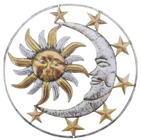 Eisen Sonne Mond Wandbehang Dekoration 29,5x29,5x0,2cm Weihnachten Event | Außendekoration aus Eisen, Gelb mit Feiner Textur, Wetterbeständig, für Balkon, Bäume und Fenster