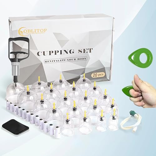 OBLITOP Schröpfgläser mit Vakuumpumpe 20 Stück, Cupping Set Größe V2.0 für Damen und Herren, Vakuumbecher für Körpermuskulatur, Rückenschmerzen, Massage, Cellulite, Saugnapf, Schröpfset Schröpfen Set