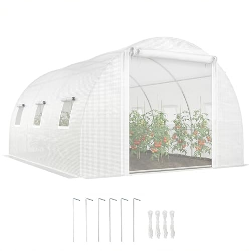 Outsunny Gewächshaus Foliengewächshaus 4x3x2m Winterfest Tomatenhaus mit 6 Aufrollbar Natzfenstern & Tür, Stahlrohr, PE Folie, stabil Folientunnel Pflanztunnel für Garten Weiß