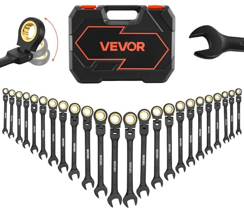 VEVOR Jeu de Clés Mixtes 24PCs, Clé Plate à Cliquet à Tête Flexible, pour Réparation Domestique et Automobile Atelier, SAE et Métrique, Extrémité Fourche, 72 Dents, en Acier Cr-V, avec Coffret