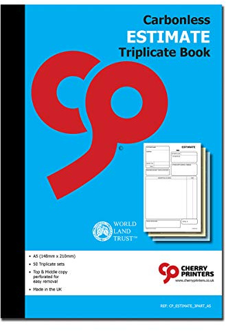 Cherry - Libro triplicado autocopiativo A5 | 3 partes | 50 juegos | Cotización de negocios y registro de precios | Bloc de cálculo de órdenes de trabajo y costos | Copia superior y media perforada |