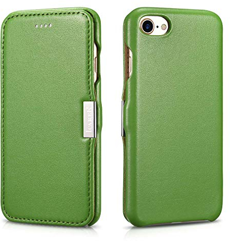 ICARER Tasche passend für Apple iPhone SE 2022 5G, iPhone SE 2020, iPhone 8, iPhone 7, 4.7 Zoll, Case mit Echt-Leder, Schutz-Hülle aufklappbar, Ultra-Slim Cover, Etui, Grün