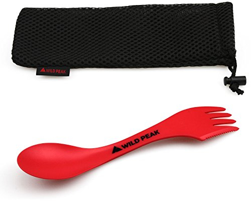 Wild Peak Plastic Spork - Lightweight & Strong All in one Spoon, Fork, Knife Cutlery with Optional Storage Bag ▲ (Fire Red, with Storage Bag)