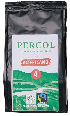 Percol - Rich Americano Blend Ground Coffee, 6 x 200g | 100% Fairtrade organic hand picked Arabica beans; Milk chocolate and walnut notes; Strength 4; Plastic free bag; Brunch cups