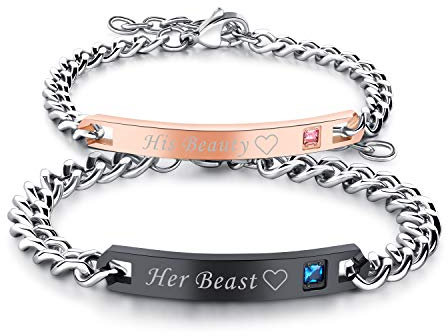 Cupimatch Paare Armband mit Gravur”His Beauty. Her Beast.” für Verliebte Edelstahl Schmuck Damen Silber Farbe