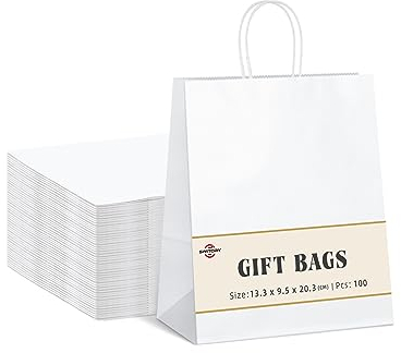 Switory 100 Stück Papiertüten Geschenktüten Weiß Kraftpapiertüte mit Henkel zum Geschenke, Party, Geburtstag, Basteln, Einzelhandel (13,3 x 9,5 x 20,3 cm)