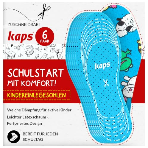 Einlegesohlen Kinder zuschneidbar, 6-Paar-Set zum Größenausgleich – Kaps | Schuheinlagen für Mädchen und Jungen, weich gepolstert, atmungsaktiv, max. 23 cm, für Sneaker, Schulschuhe, Gummistiefel