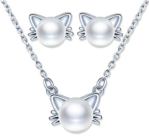 Yumilok 925 Silber Perlenschmuck Set,Katze Perle Halskette für Frauen Süße Katze Perle Ohrringe Weihnachten Geburtstag Geschenk, Cubic Zirkonia aus Sterlingsilber, Perle