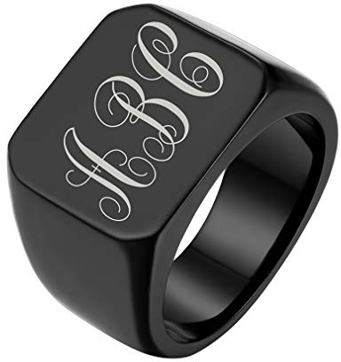 FaithHeart Schwarz Herren Monogram Siegelring Quadrat Bandring mit Buchstabe Gravur für Freunden Papa Ehemann