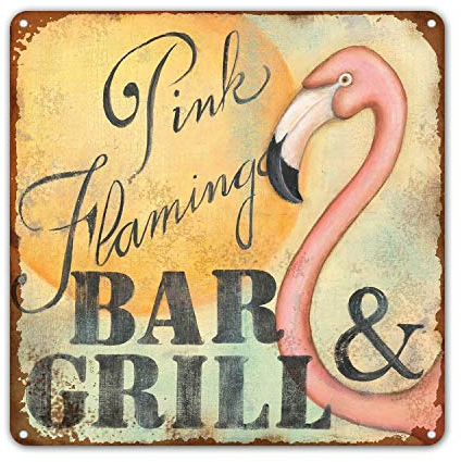 ZYPENG Pink Flamingo Bar & Grill Retro Metalldruck Wandposter Blechschild Wandmalerei Kunst Metall Dekor Plaketten 20,3 x 20,3 cm
