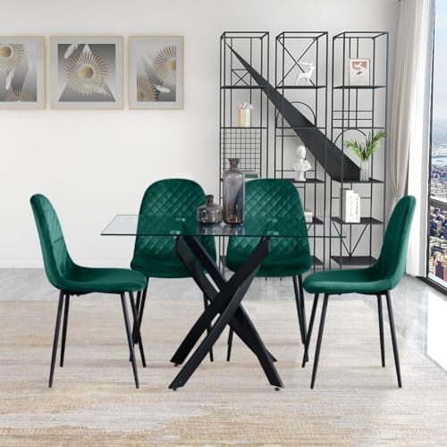 GOLDFAN Table a Manger avec 4 Chaises, Table à Manger en Verre et Chaises pour 4 Personnes en Cuisine, Vert