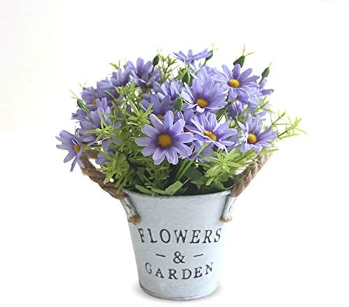 Hwtcjx Artificial Flowers with Vase, Artificial Flowers in Pots, Fake Plants With Metal Pot, Plastic Flower, with Vintage Metal Bucket, Beautiful Decoration, for Wedding, Office, Home (Purple)