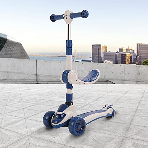 Kinder-Roller, 3 Räder, Kinderroller mit klappbarem Sitz und LED-Rädern, verstellbar, Höhe 70 – 75 – 84 cm, mitwachsender Roller für 2 bis 8 Jahre, für Mädchen und Jungen (blau)