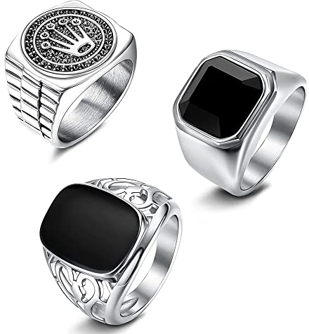 JeweBella 3 Stück Siegelring Herren Edelstahl Vintage Punk Biker Set Gothic Krone Schmuck für Männer Damen Größe 54-70