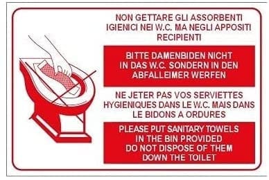 NEW CARTELLO SEGNALETICO - Non gettare gli assorbenti igienici nei WC ma negli appositi recipienti - Adesivo Extra Resistente, Pannello in Forex, Pannello In Alluminio (PANNELLO IN ALLUMINIO 20X31 cm)