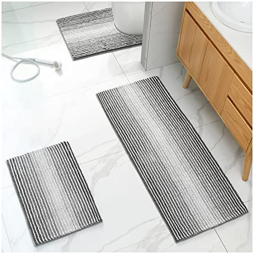 Venuso Badezimmerteppich rutschfest Waschbar Badematte, Chenille badematte rutschfest, Badvorleger für Dusche,Badewanne und Toilette,50 x 120 cm und 40 x 60 cm und 50 x 60 cm, Grau