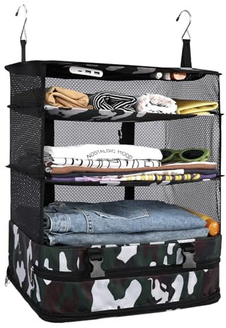 Surblue Kleiderschrank-Organizer zum Aufhängen 3 Ebenen faltbar, waschbarer Oxford-Stoff mit 2 Haken Tarnung XL