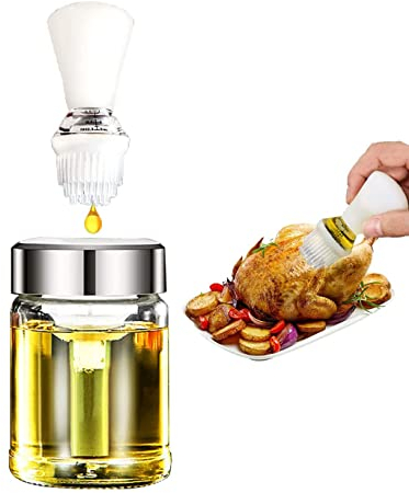 JasCherry 150 ml Bouteille D'huile en Verre avec Brosse en Silicone, Brosse pour Barbecue, Brosse à Bouteille D'huile de Type Squeeze avec Lignes D'échelle pour Cuisine, Pâtisserie, Barbecue