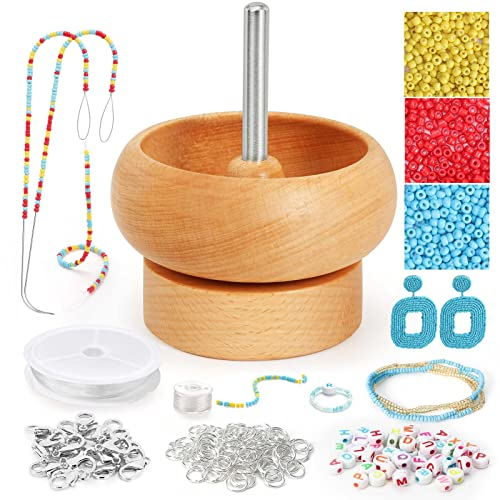 Tilhumt Perlen-Spinner für die Schmuckherstellung, komplettes Perlenschüssel-Spinner-Set mit 50 Buchstabenperlen, 3000 Rocailles, 2 Perlennadeln für Anfänger, DIY-Taillenarmbänder, Handwerk