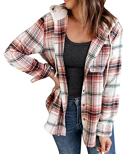 Générique Chemisier à Carreaux Chemise Femme Blouse Chic avec Bouton en Flanelle à Manches Longues Retroussée Style de Boyfriend Casual Veste Polaire avec Capuche (Rouge, M)