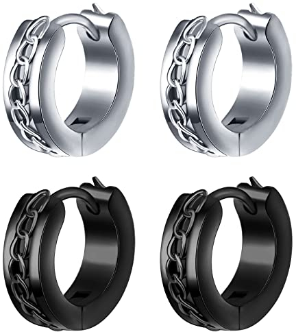feilok 2 paar Creolen Damen Edelstahl Ohrringe für Herren Damen Set Huggie Ohrstecker Punk Rock Klappcreolen Herren Schwarz Ohrringe Männer