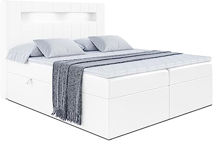 ALTDECOR Boxspringbett mit Matratze und Lattenrost, LED Boxbett, Topper, Polsterbett mit Bettkasten, Bett mit Stauraum H3-Matratze, Doppelbett, Springboxbett - ORGOL2-180x200 - Weiß Kunstleder