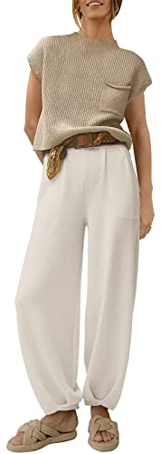 FeMereina 2-teiliges Lounge-Set für Damen, Stehkragen, lässig, kurzärmelig, Strickpullover, Pullover, Oberteil, hohe Taille, weites Bein, Y2K-Trainingsanzug, beige, L