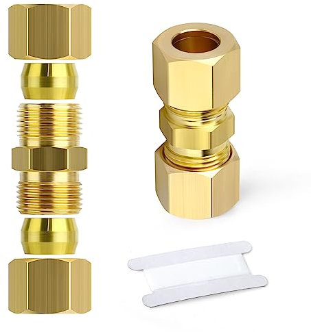ERGAOBOY 2 Stück 12mm OD x 12mm OD Messing Kompression Rohrverschraubung, Heay Duty Messing Kompression Fitting