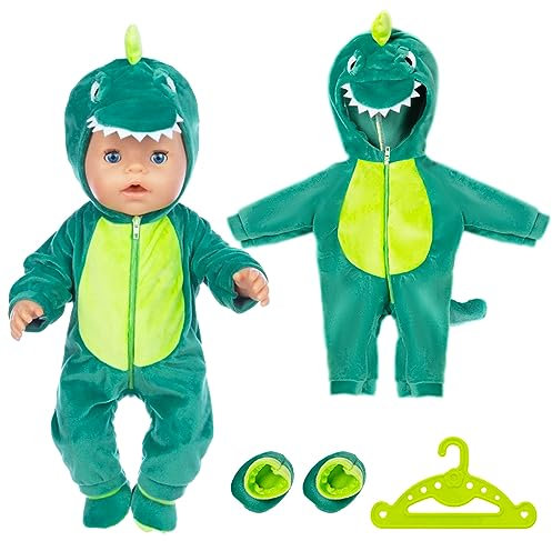 Carreuty Puppenkleidung Puppenkleider Set für 14–17 Zoll Baby Puppen Dinosaurier Jumpsuit mit Kapuze, Socken und Kleiderbügel Puppenzubehör für 36-43 cm Baby Puppen (Keine Puppe)