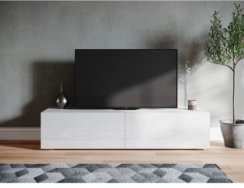 SONNI Mueble TV Suspendido Blanco Brillo con,Mueble de Salón con Madera 2 Puertas Abatibles 140x40x30cm