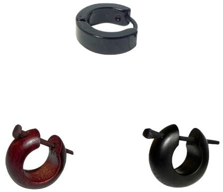 3 Orecchini da Uomo: 1 Cerchio in Legno Nero, 1 Anello in Legno Marrone e 1 Cerchio Nero, 15mm di Diametro Esterno