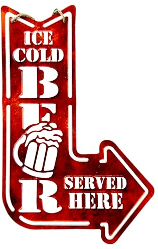 DiiliHiiri Cartel Cerveza Bien fría servida aquí – Placa de Metal de Beer Vintage (30x19cm) - Letrero Antiguo - Decoración para Bar de Copas – Chapas Vintage — Flecha a la Derecha (9561)